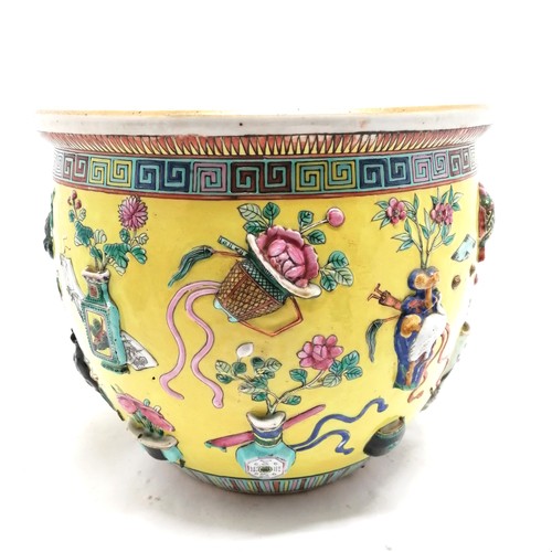 15 - 19thC yellow-ground Famille-Rose moulded fish bowl decorated with the Hundred Antiques the interior ... 