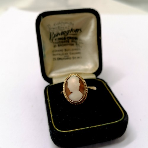 306 - 9ct marked gold hand carved shell cameo portrait ring - size P½ & 2.9g and is in a Bravingtons box ~... 