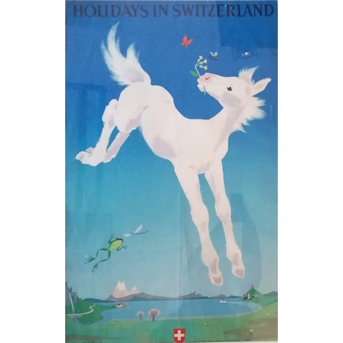 2 - Original Donald Brun (1909-99) advertising poster for 'Holidays in Switzerland' with white horse / f... 