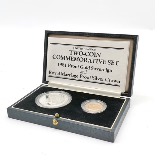 8 - 1981 cased proof gold sovereign & Royal wedding silver crown