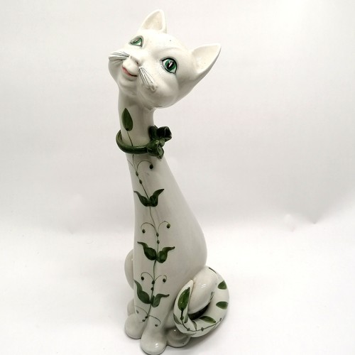 12 - Mid century Italian pottery smiling cat figure with green leaf hand painted decoration and bow 45cm ... 