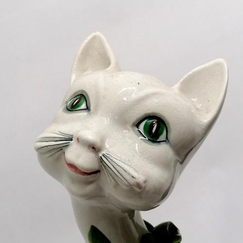 12 - Mid century Italian pottery smiling cat figure with green leaf hand painted decoration and bow 45cm ... 