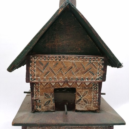 13 - Unusual hardwood 2 tier bird house with painted and carved decorated panels 67cm high x 29cm x 31cm ... 