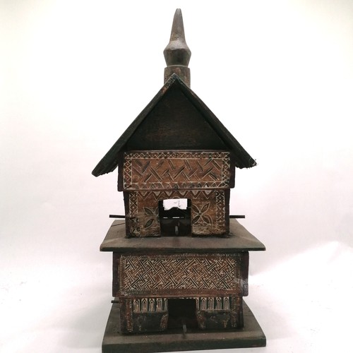 13 - Unusual hardwood 2 tier bird house with painted and carved decorated panels 67cm high x 29cm x 31cm ... 