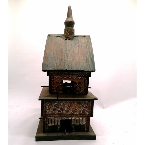 13 - Unusual hardwood 2 tier bird house with painted and carved decorated panels 67cm high x 29cm x 31cm ... 