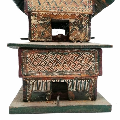 13 - Unusual hardwood 2 tier bird house with painted and carved decorated panels 67cm high x 29cm x 31cm ... 