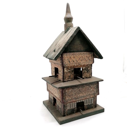 13 - Unusual hardwood 2 tier bird house with painted and carved decorated panels 67cm high x 29cm x 31cm ... 