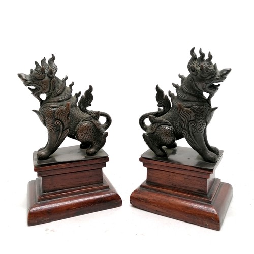 14 - Antique pair of C1900 Burmese Pegu bronze Chinthe mythical lions on wooden bases 16cm high x 9.5cm w... 