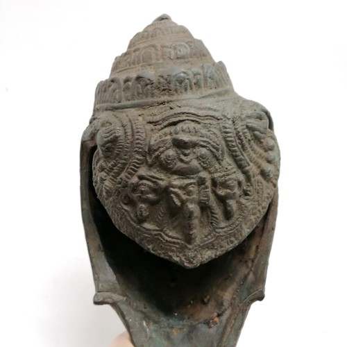 15 - Khmer Cambodian bronze votive conch shaped shell as a holy water vessel, decorated with deities and ... 