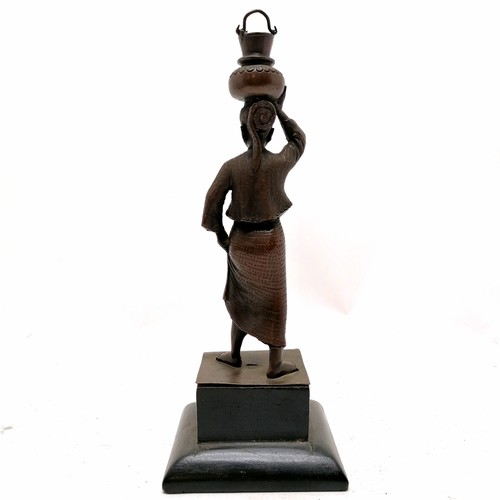 17 - Burmese Pegu bronze figure of a lady in traditional dress carrying a water bucket and vessel on a wo... 