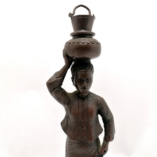 17 - Burmese Pegu bronze figure of a lady in traditional dress carrying a water bucket and vessel on a wo... 