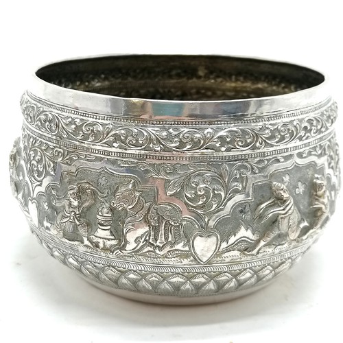 22 - Antique Burmese silver repousse Thabeik bowl with raised figural decoration depicting a story from Y... 