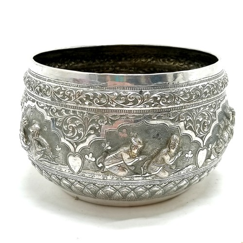 22 - Antique Burmese silver repousse Thabeik bowl with raised figural decoration depicting a story from Y... 