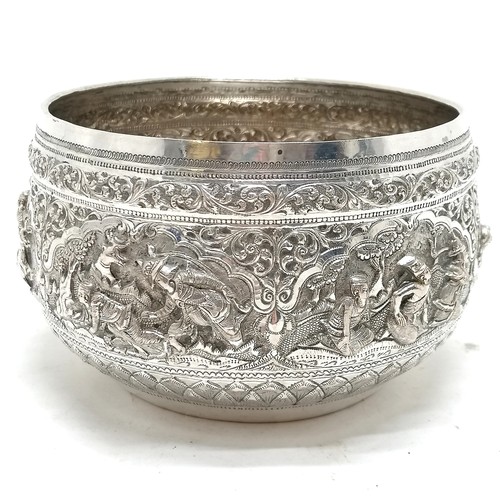 23 - Antique Burmese silver repousse Thabeik bowl with raised figural decoration depicting a story from Y... 