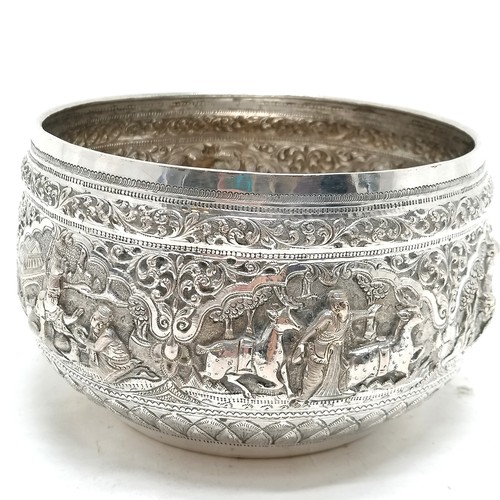 23 - Antique Burmese silver repousse Thabeik bowl with raised figural decoration depicting a story from Y... 