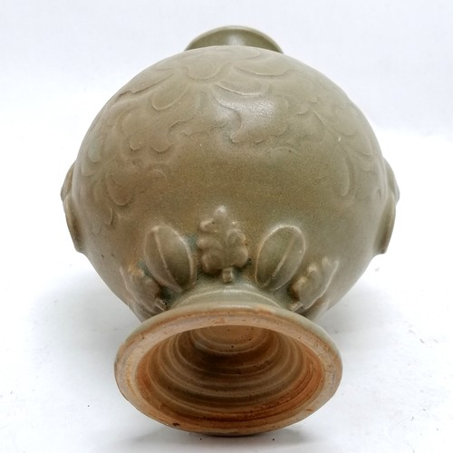 34 - Chinese song yazhou celadon bottle vase with sgraffito floral decoration and lion mask detail 16cm h... 