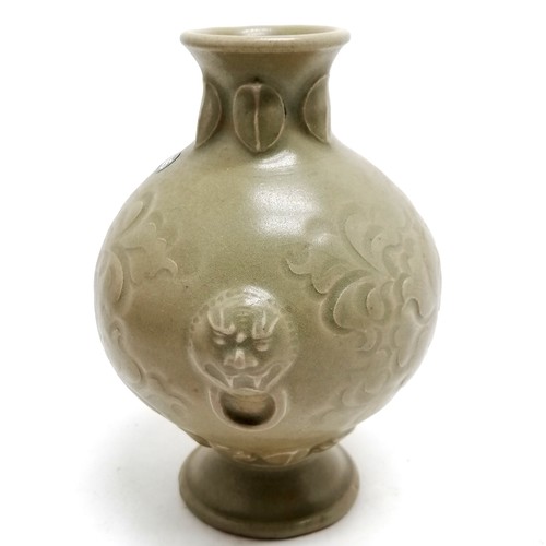 34 - Chinese song yazhou celadon bottle vase with sgraffito floral decoration and lion mask detail 16cm h... 