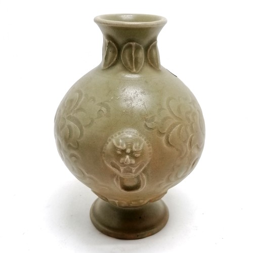 34 - Chinese song yazhou celadon bottle vase with sgraffito floral decoration and lion mask detail 16cm h... 