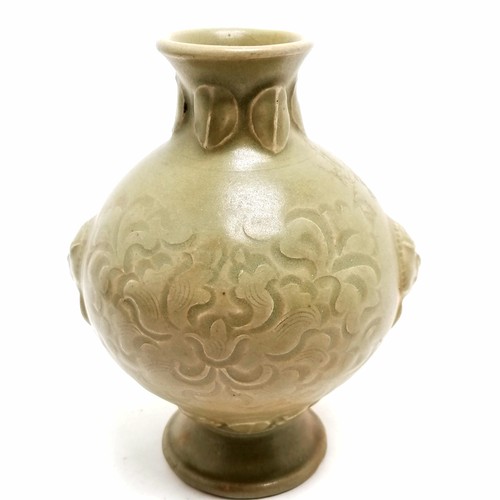 34 - Chinese song yazhou celadon bottle vase with sgraffito floral decoration and lion mask detail 16cm h... 