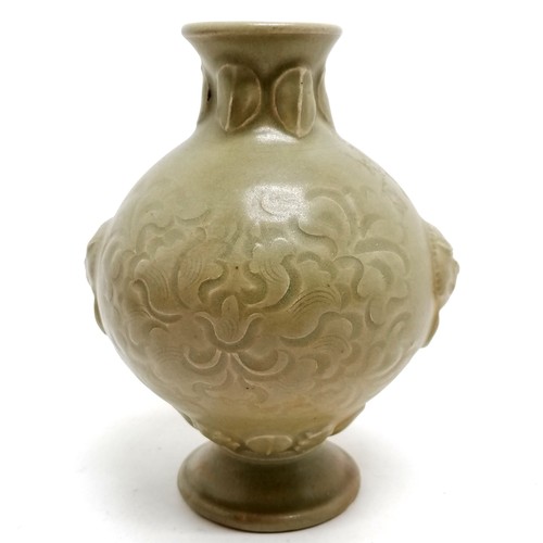 34 - Chinese song yazhou celadon bottle vase with sgraffito floral decoration and lion mask detail 16cm h... 