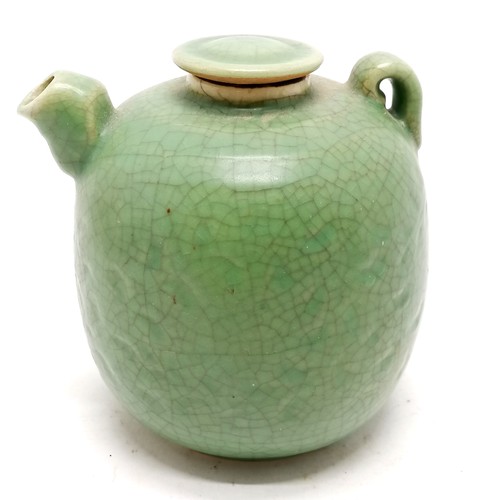 37 - Antique Vietnamese green crackle glazed teapot with sgraffito decoration to the body 13cm high - no ... 