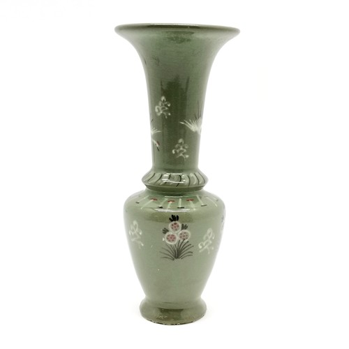 52 - 19thC Korean celadon vase decorated with cranes and flowers 26.5cm high - no obvious damage