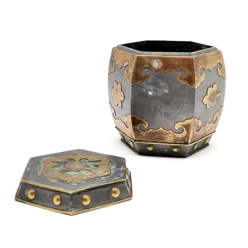 58 - Chinese (Hong Kong) paktong pewter / bronze mounted tobacco jar in the form of a hexagonal garden se... 