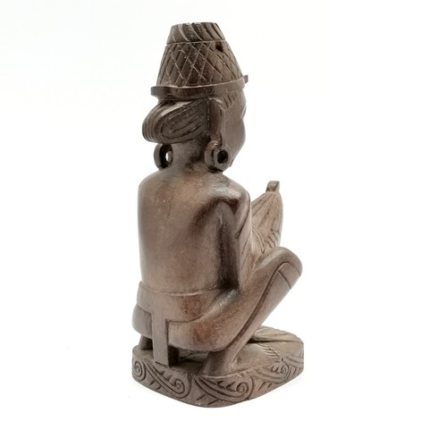 66 - Asian hand carved wooden figure of crouching man holding large cockerel- 23cm high