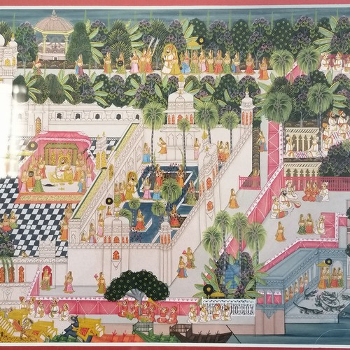 74 - Indian hand painted on silk study of a Mughal palace with fine detail - frame 37cm x 54.5cm