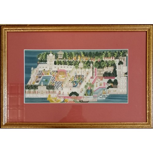 74 - Indian hand painted on silk study of a Mughal palace with fine detail - frame 37cm x 54.5cm