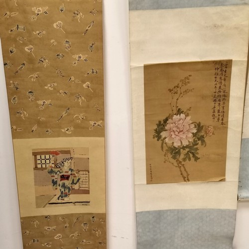 80 - 4 x Oriental scroll pictures mostly annotated - akiko 126cm x 37cm ~ some damage