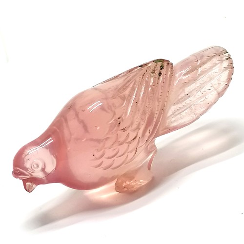 103 - Oriental carved rose quartz bird figure - 11cm and has chip to beak & toes