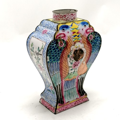 104 - Antique Chinese cantonese enamel cannister with bird detail - 16cm high x 11cm wide & lacks lid and ... 