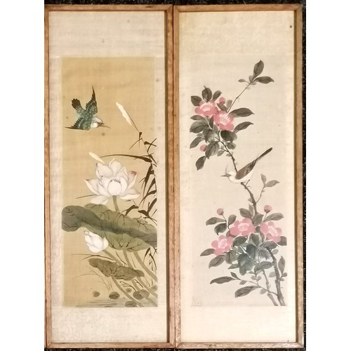 108 - 4 framed Chinese paintings on silk of birds and flowers - 45cm x 17cm - some foxing