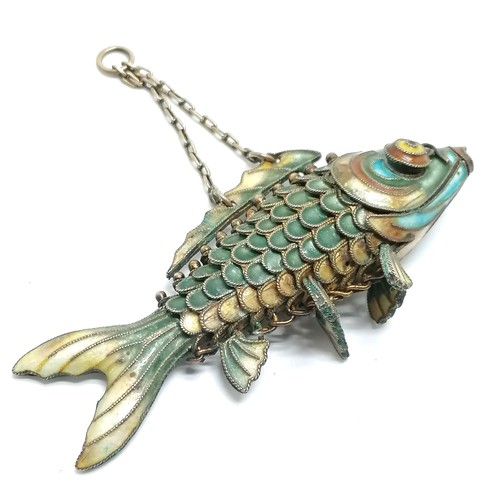 504 - Oriental articulated silver enamel fish pendant - length 7.5cm & 20g total weight ~ slight a/f to en... 