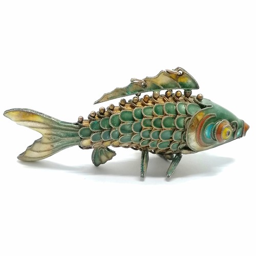 504 - Oriental articulated silver enamel fish pendant - length 7.5cm & 20g total weight ~ slight a/f to en... 