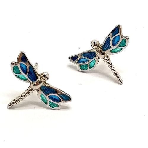 544 - Unmarked silver plique-à-jour enamel dragonfly pair of earrings with 925 stamped silver backs - 15mm... 