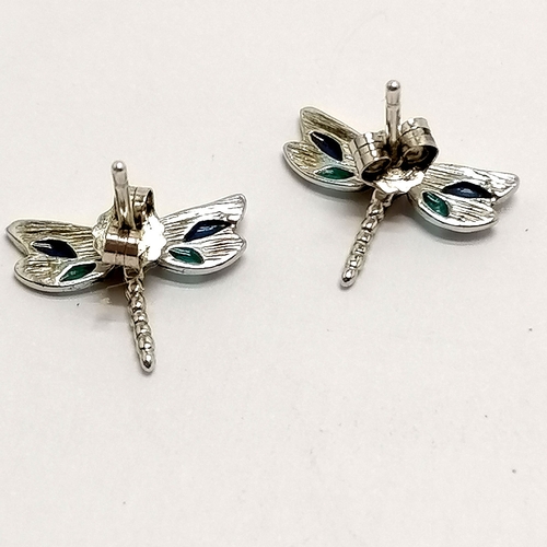 544 - Unmarked silver plique-à-jour enamel dragonfly pair of earrings with 925 stamped silver backs - 15mm... 