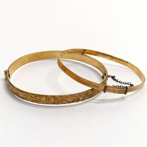 557 - 2 bangles (1 is 1/5th 9ct rolled gold and has dedication, 50 micron 9ct rolled gold engraved bangle ... 