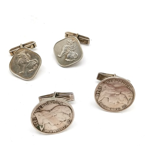 566 - 2 x pairs of sterling silver mounted coin cufflinks - Colombia & Myanmar t/w 3 x pairs of gold tone ... 