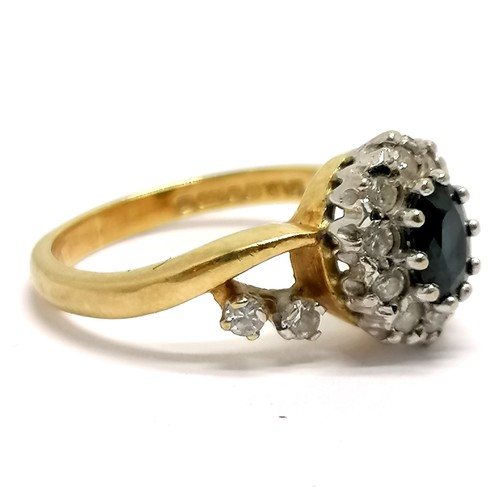 618 - 18ct hallmarked gold sapphire & diamond cluster ring with diamond set shoulders - size K½ & 3.9g tot... 