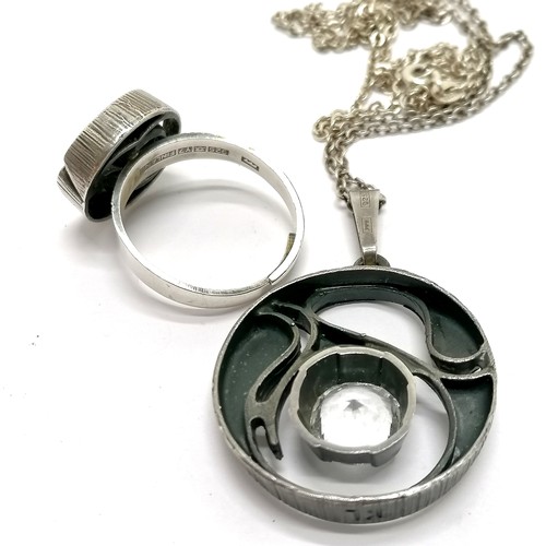 629 - 1970's Finland silver rock crystal set ring & pendant on 52cm chain by Karl Laine ~ 17.6g total weig... 