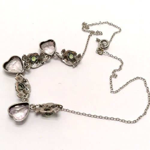 633 - Suffagette unmarked silver necklet with green & purple heart shaped stone drops - 36cm & has replace... 