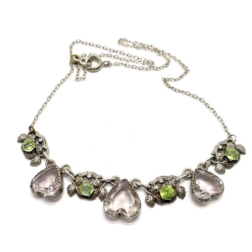 633 - Suffagette unmarked silver necklet with green & purple heart shaped stone drops - 36cm & has replace... 