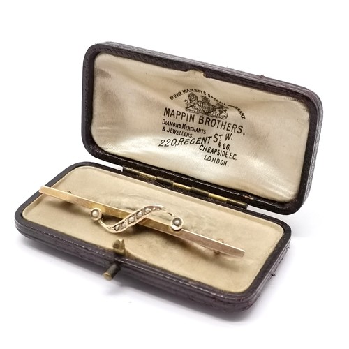 637 - Antique 9ct marked gold bar brooch set with pearl (5.8cm & 2g total weight) in a Mappin Brothers (22... 