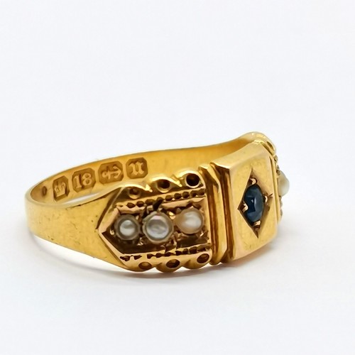 659 - Antique 1895 dated 18ct hallmarked gold sapphire & pearl set ring - size K & 2.1g total weight