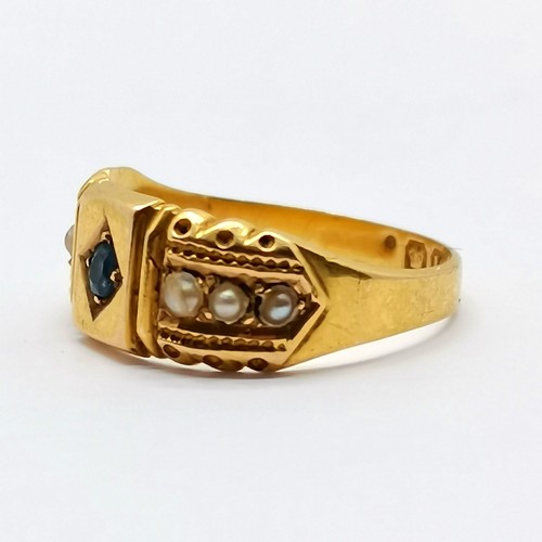 659 - Antique 1895 dated 18ct hallmarked gold sapphire & pearl set ring - size K & 2.1g total weight