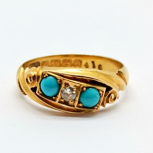 661 - Antique 18ct hallmarked gold sapphire / turquoise stone set ring - size K½ & 2.8g total weight