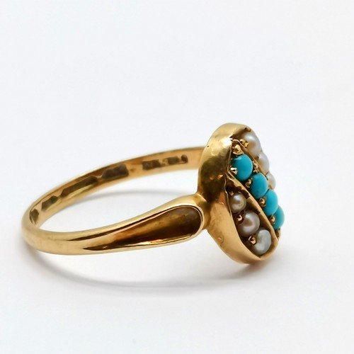 662 - Antique 15ct marked gold turquoise / pearl oval head cluster ring - size N½ & 2g total weight