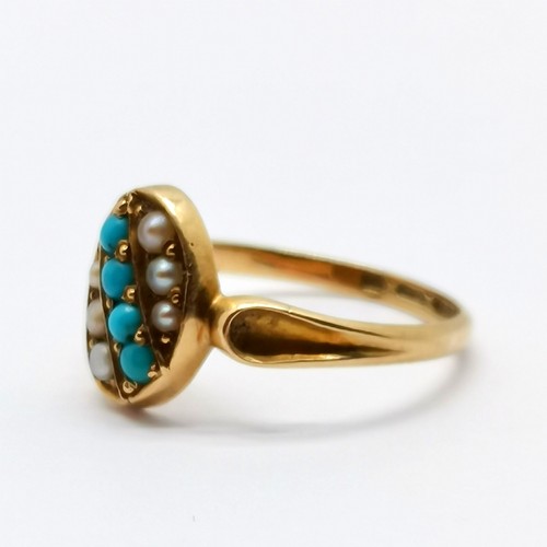 662 - Antique 15ct marked gold turquoise / pearl oval head cluster ring - size N½ & 2g total weight